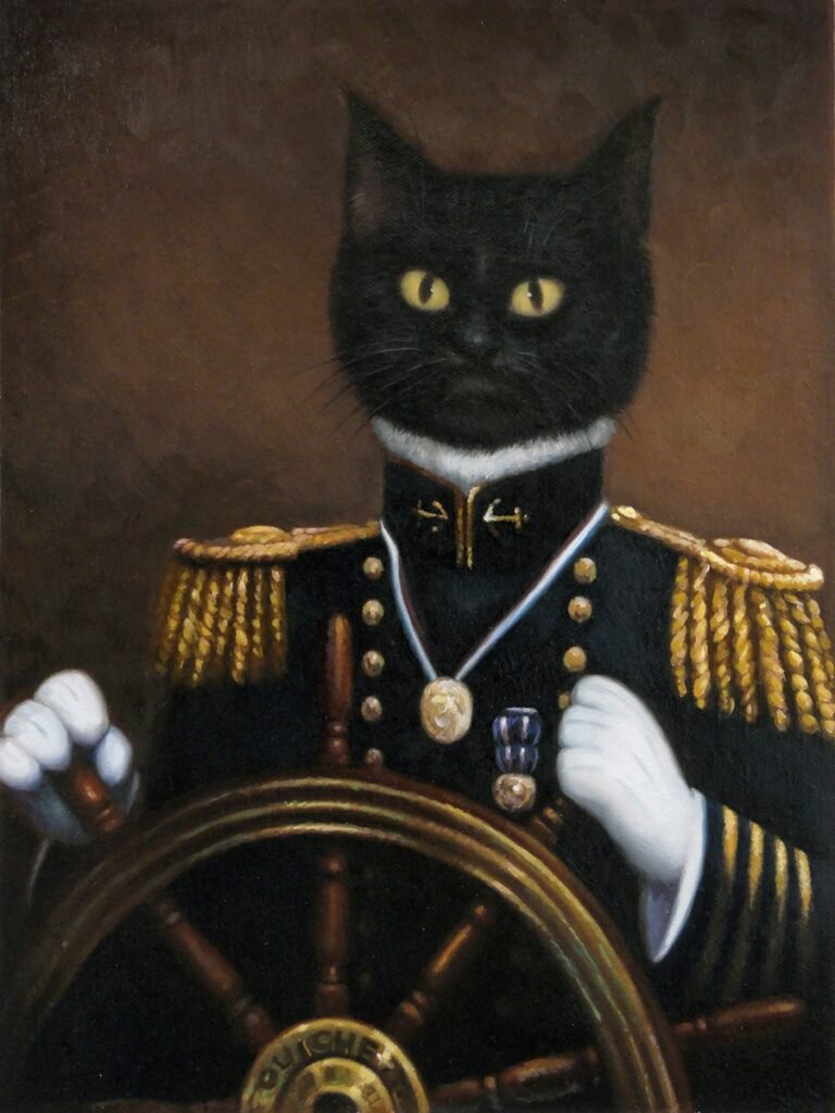 Portrait of a black cat in a uniform with gold epaulettes at a ship’s wheel, hand-painted in oil from a photograph