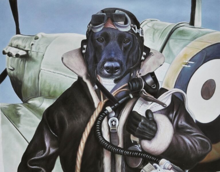 Portrait of a dog in a flying jacket, helmet and goggles beside an aircraft, hand-painted in oil from a photograph