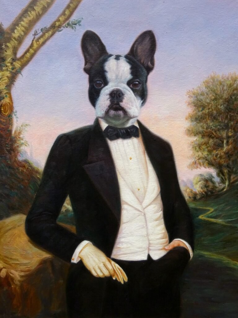 Portrait of a black and white dog in evening dress in a landscape setting, hand-painted in oil from a photograph
