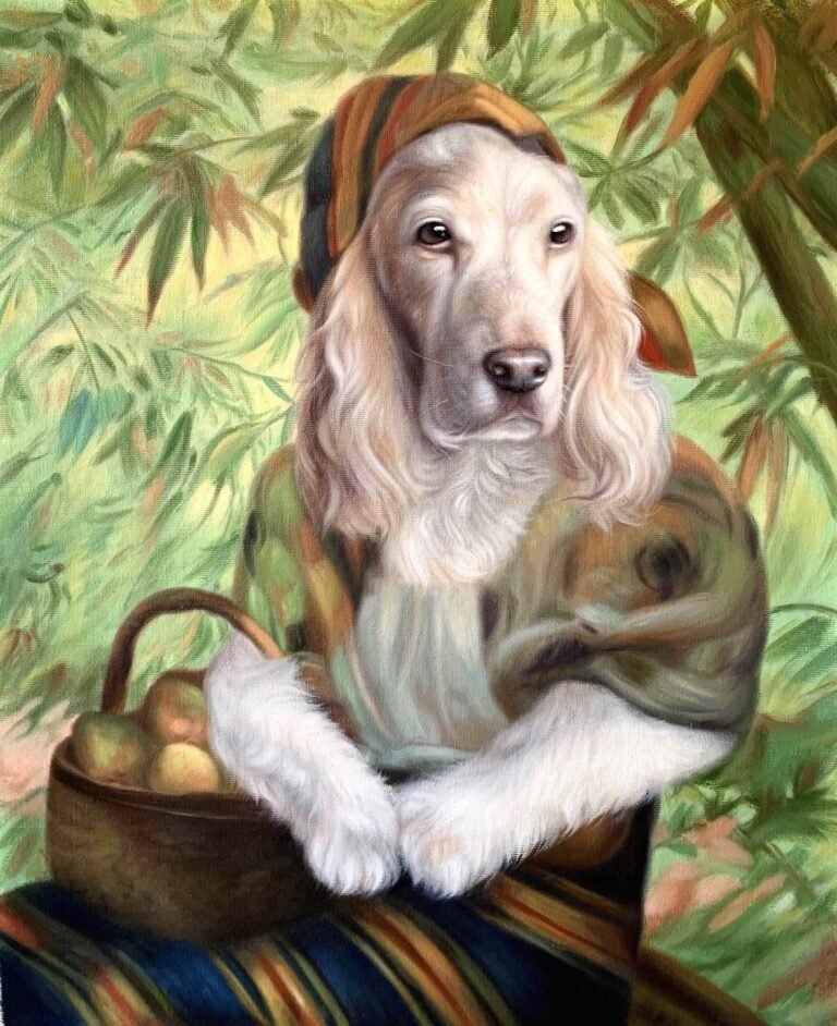Portrait of a long-eared dog in a headscarf and patterned shawl with a basket of fruit, hand-painted in oil from a photograph