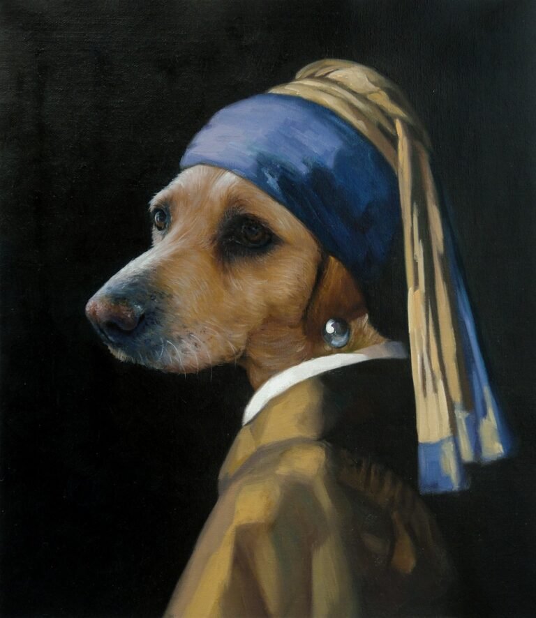 Portrait of a dog in a blue and yellow headscarf with a pearl earring, hand-painted in oil from a photograph