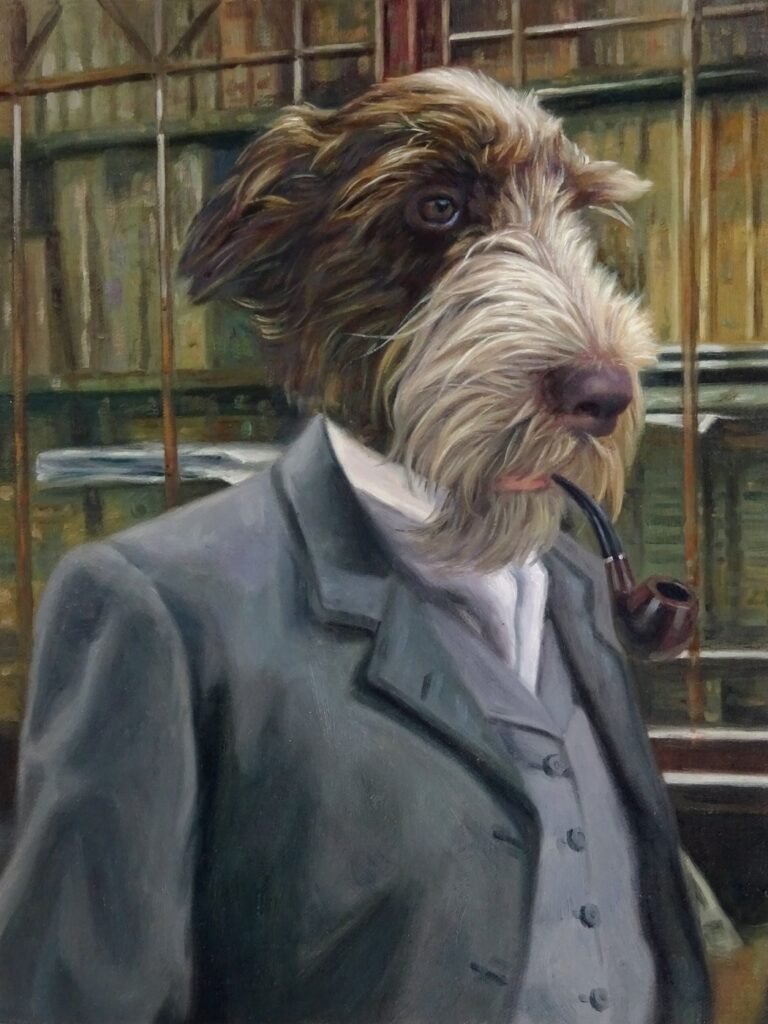 Portrait of a wire-haired dog in a jacket and waistcoat with a pipe, in a library setting, hand-painted in oil from a photograph
