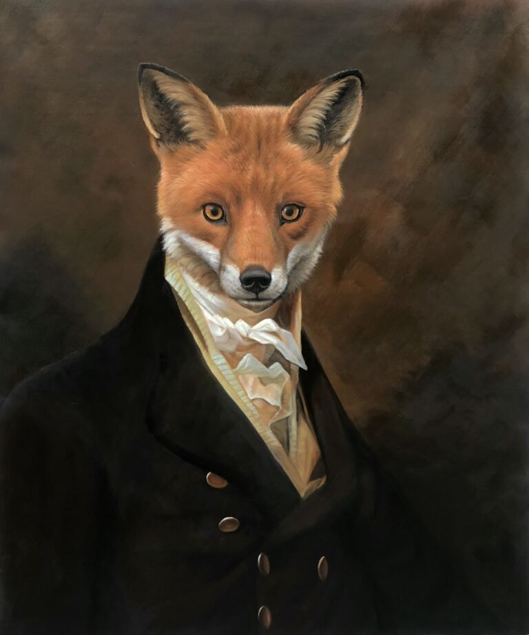 Portrait of a fox in a dark coat and cravat, hand-painted in oil from a photograph