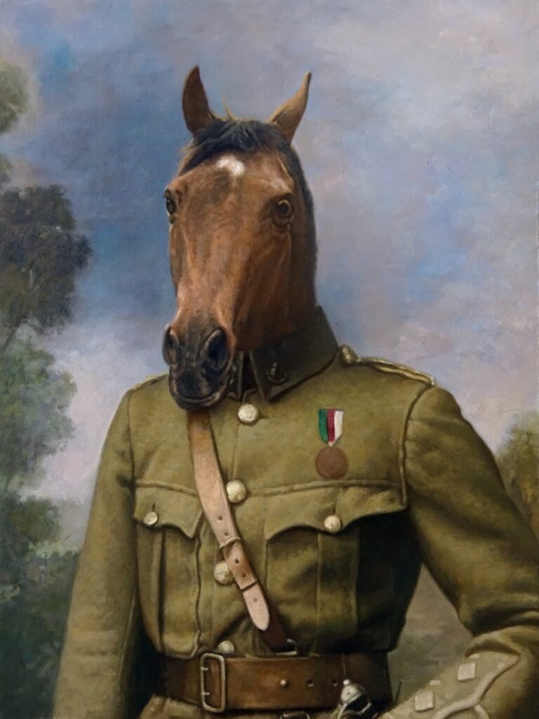 Portrait of a horse in a khaki uniform with a medal, in an outdoor setting, hand-painted in oil from a photograph