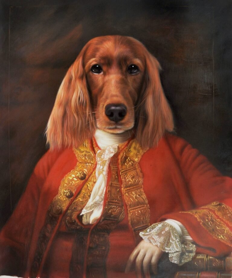 Portrait of a red setter in a red coat with gold embroidery, hand-painted in oil from a photograph