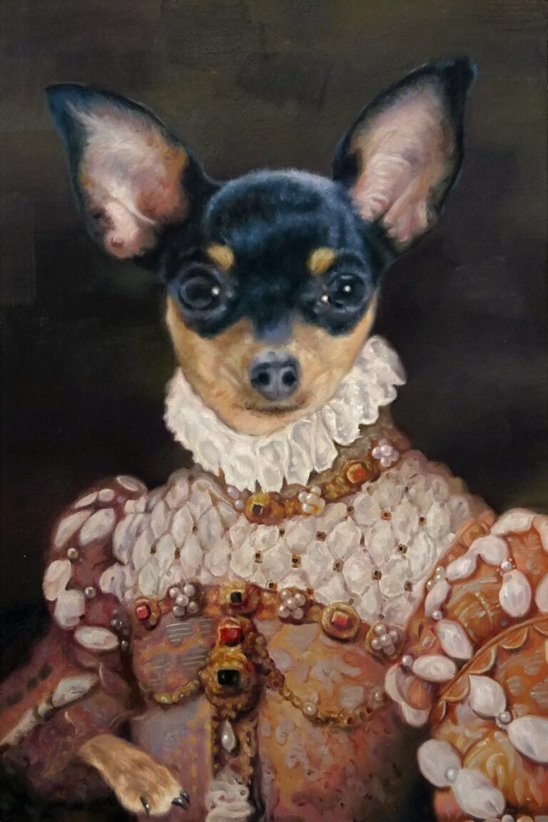 Portrait of a small dog in an elaborate jewelled dress and ruff, hand-painted in oil from a photograph