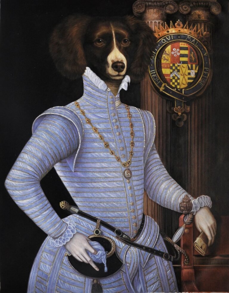 Portrait of a spaniel in a pale blue period doublet beside a coat of arms, hand-painted in oil from a photograph