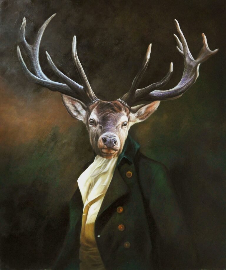 Portrait of a stag in a dark green coat and cravat, hand-painted in oil from a photograph