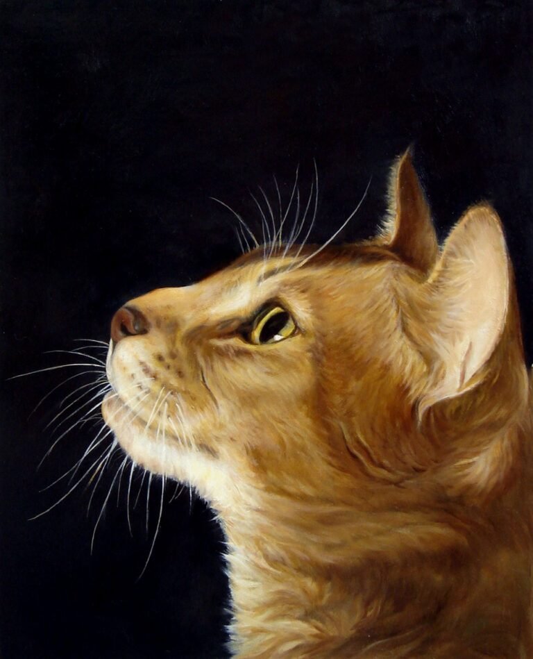 Portrait of a ginger cat in profile against a dark background, hand-painted in oil from a photograph