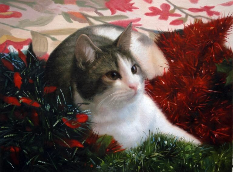 Portrait of a tabby and white cat in a decorative setting, hand-painted in oil from a photograph