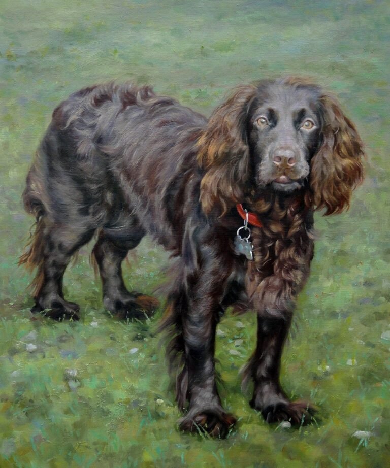 Full-body portrait of a dark brown dog standing on grass, hand-painted in oil from a photograph