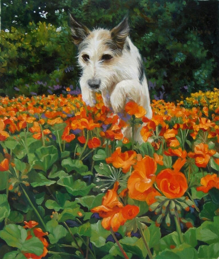 Portrait of a dog among orange flowers, hand-painted in oil from a photograph