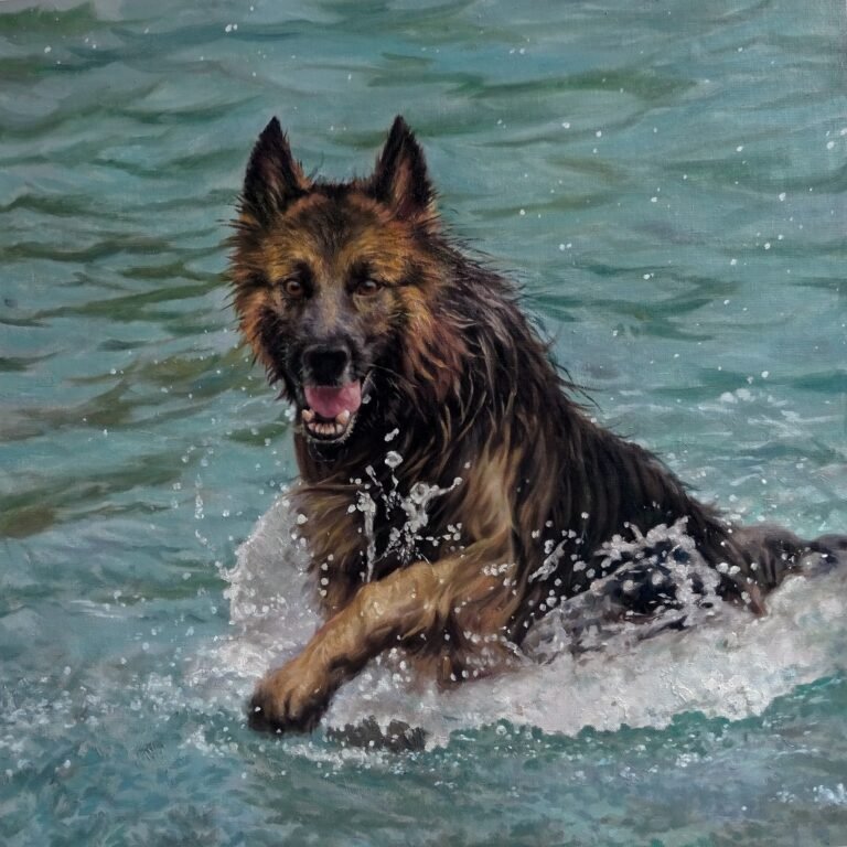 Portrait of a dog bounding through water, hand-painted in oil from a photograph