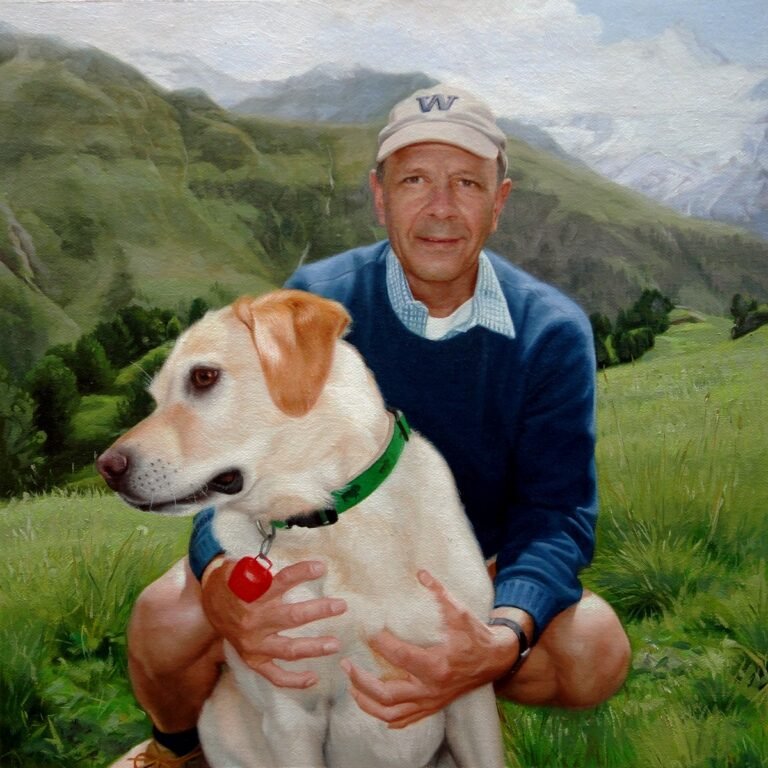 Portrait of a man crouching beside his dog, hand-painted in oil from a photograph