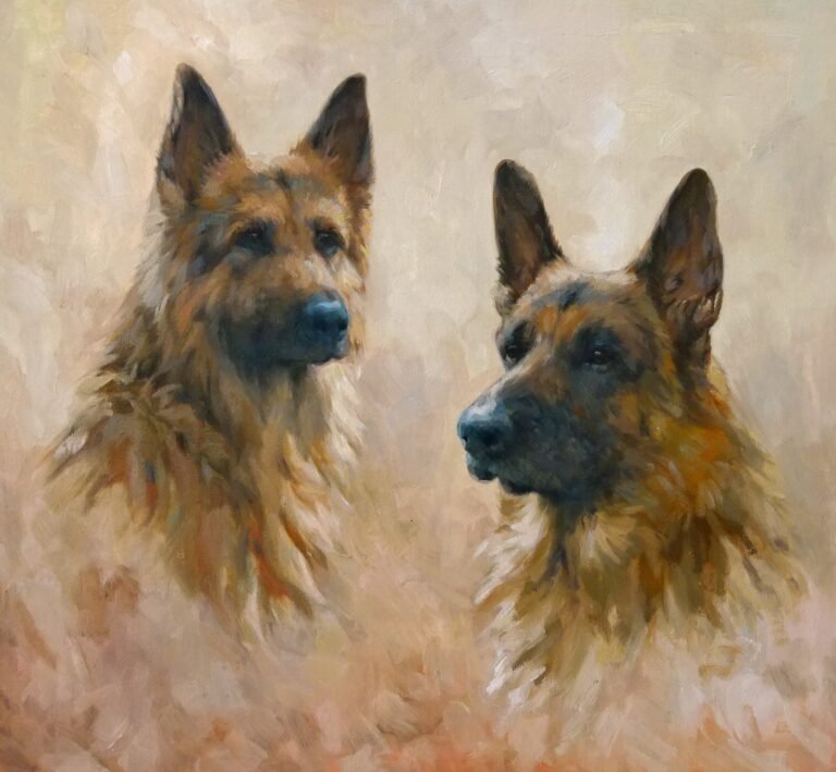 Head study of two dogs in looser brushwork, hand-painted in oil from a photograph