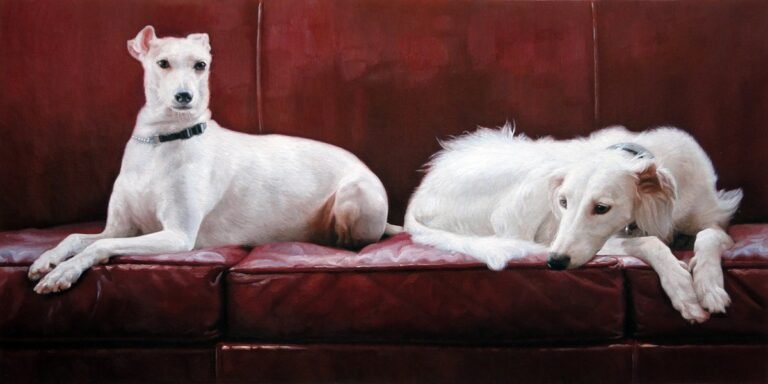 Portrait of two white dogs resting on a red sofa, hand-painted in oil from a photograph