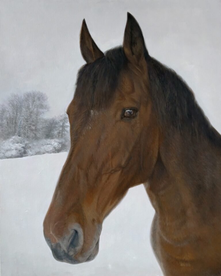 Portrait of a bay horse in a snowy setting, hand-painted in oil from a photograph