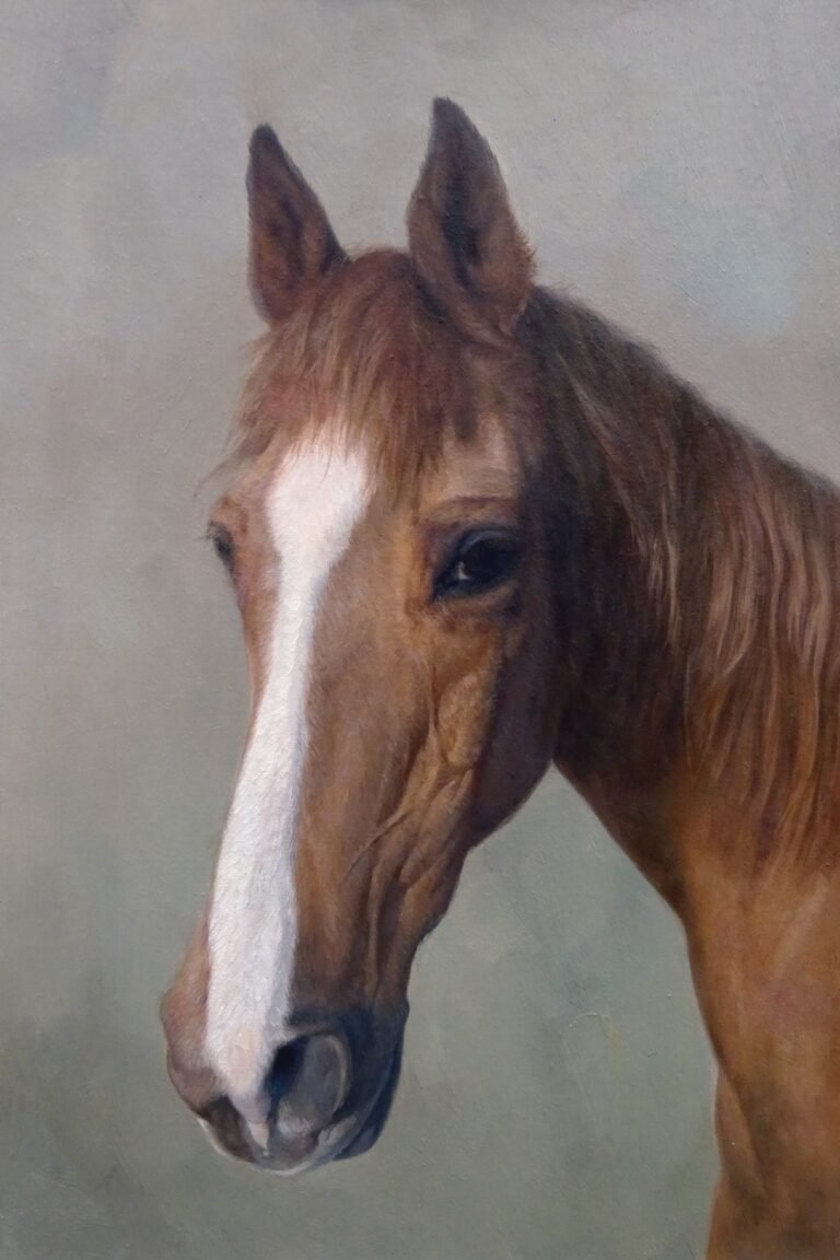 Head portrait of a chestnut horse with a white blaze, hand-painted in oil from a photograph