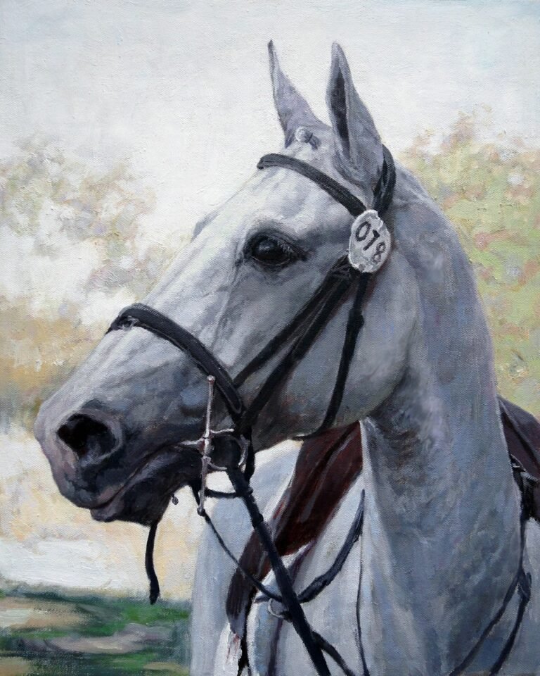 Portrait of a grey horse wearing a bridle, hand-painted in oil from a photograph