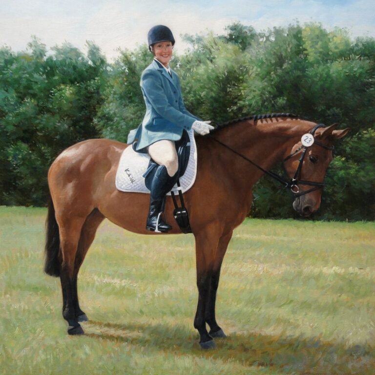 Full portrait of a horse and rider, hand-painted in oil from a photograph