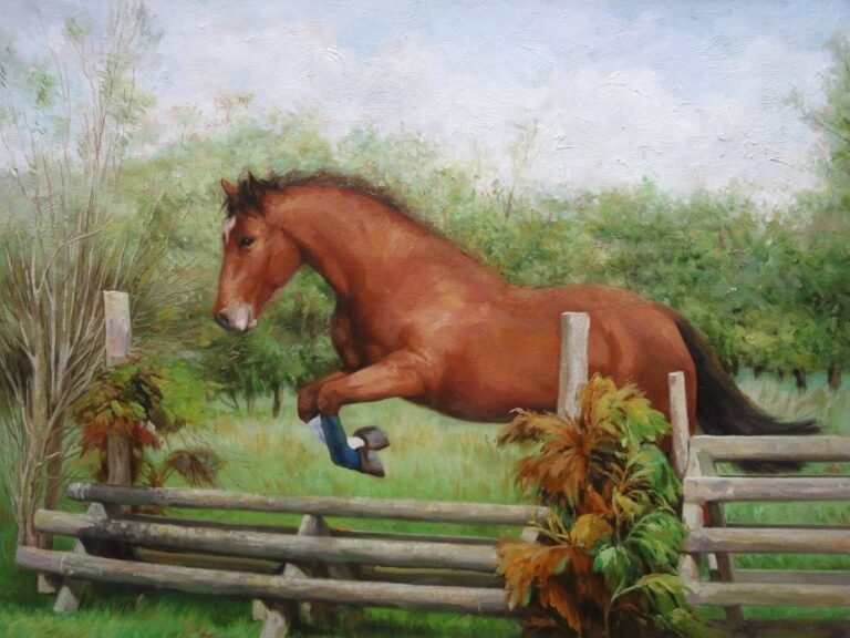 Painting of a horse jumping a fence, hand-painted in oil from a photograph