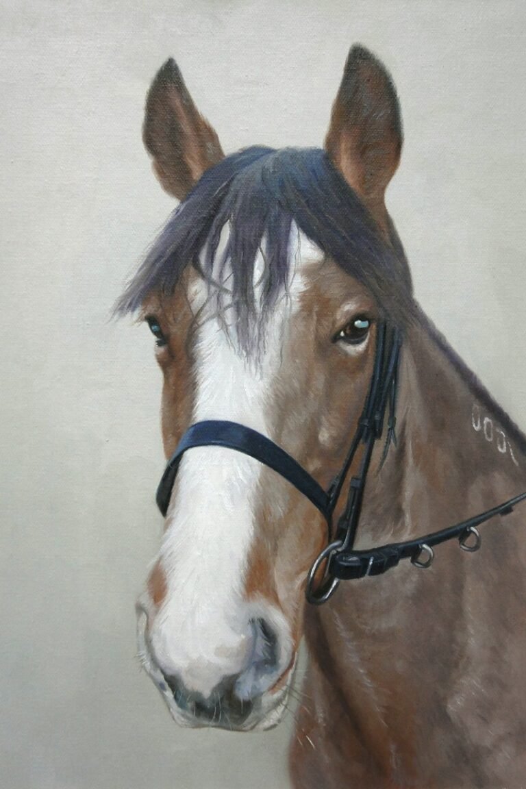 Head portrait of a horse with a white blaze, wearing a bridle, hand-painted in oil from a photograph