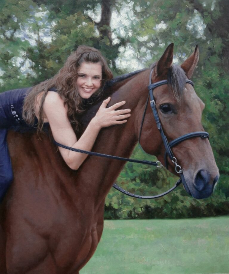 Portrait of a rider leaning over her horse, hand-painted in oil from a photograph
