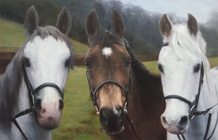 Group portrait of three horses, hand-painted in oil from a photograph