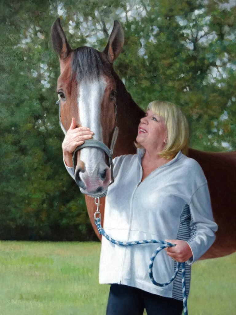 Portrait of a woman standing beside her horse, hand-painted in oil from a photograph