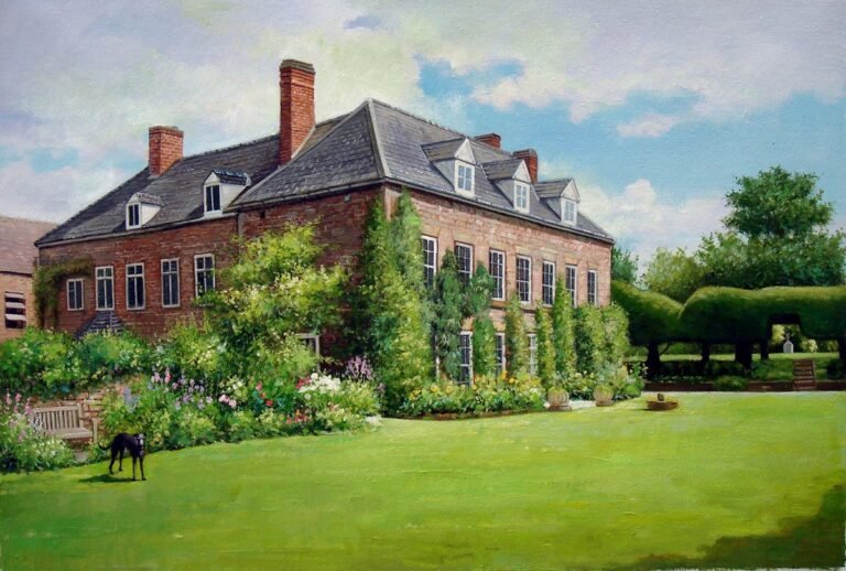 Painting of a brick country house with climbing plants and a wide lawn, hand-painted in oil