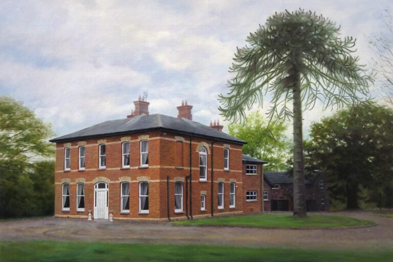 Painting of a brick house beside a tall monkey puzzle tree, hand-painted in oil