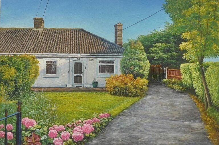 Painting of a bungalow with a driveway and a flowering border, hand-painted in oil