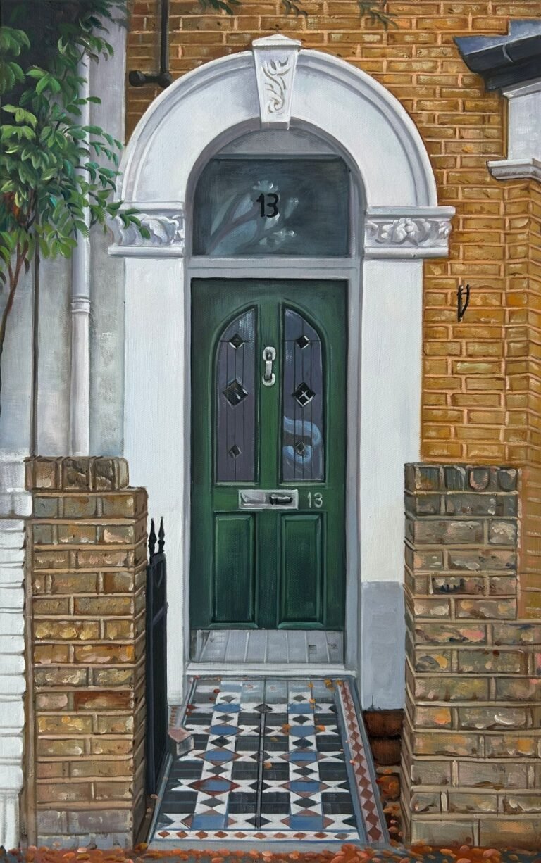 Painting of a green front door with an arched surround and tiled path, hand-painted in oil