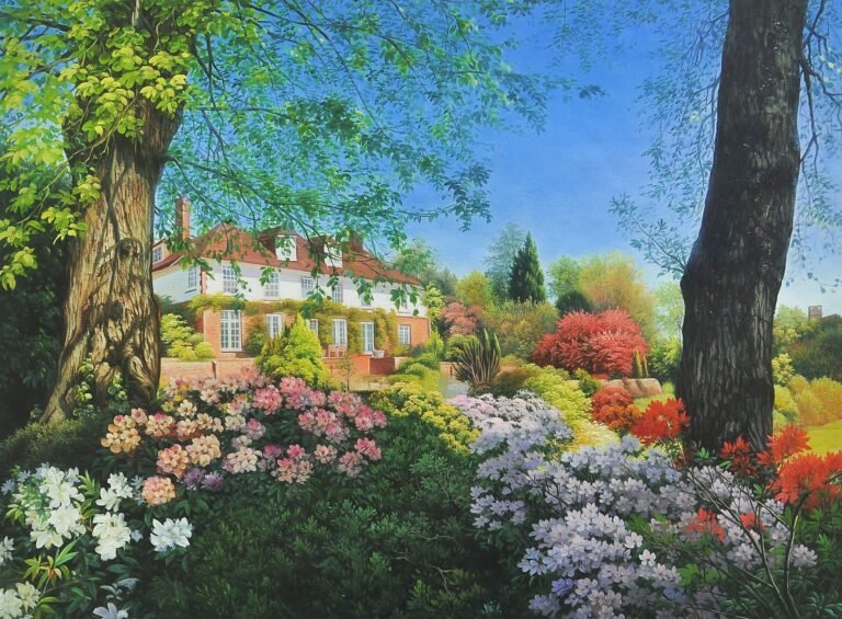 Painting of a house seen across a garden of flowering shrubs, hand-painted in oil