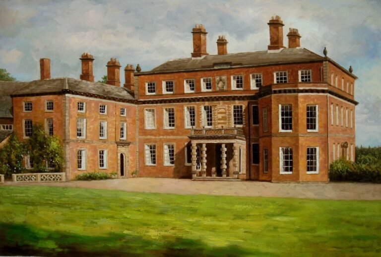 Painting of a large brick country house with a columned entrance, hand-painted in oil