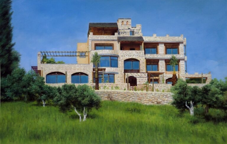 Painting of a modern stone and glass house on a hillside, hand-painted in oil