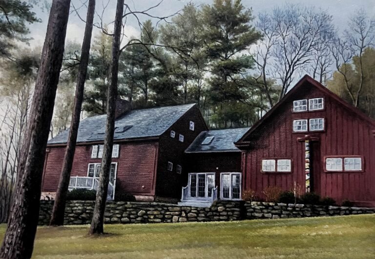 Painting of a dark red timber house among pine trees, hand-painted in oil