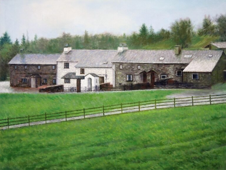 Painting of a row of stone cottages behind a fenced field, hand-painted in oil