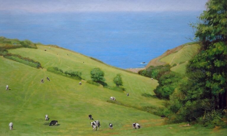 Landscape painting of coastal fields with grazing cattle above the sea, hand-painted in oil