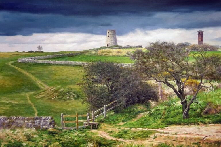 Landscape painting of countryside with a hilltop tower beneath a dark sky, hand-painted in oil