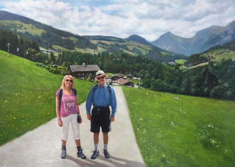 Painting of a couple standing on a path in a mountain valley, hand-painted in oil