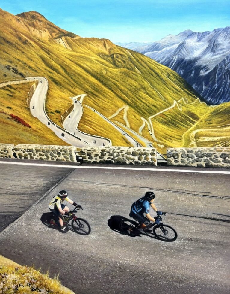 Painting of two cyclists on a mountain road above winding hairpin bends, hand-painted in oil