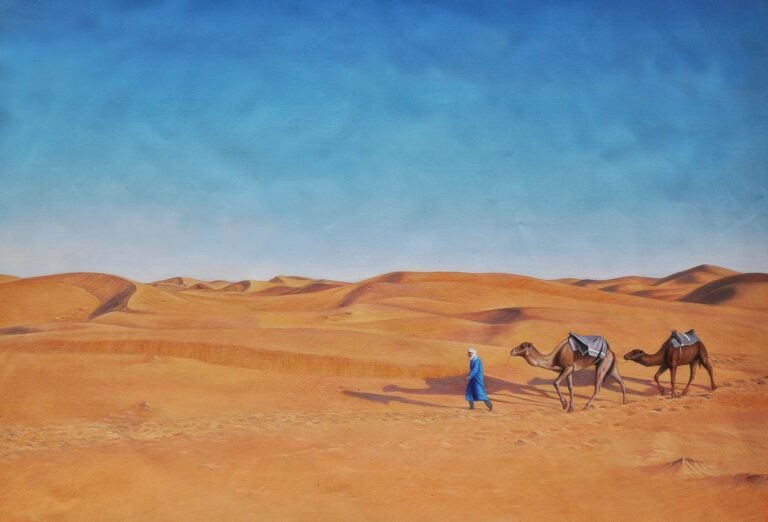 Landscape painting of desert dunes with a figure leading two camels, hand-painted in oil