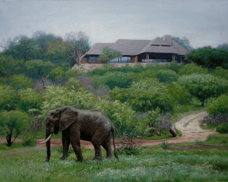 Landscape painting of an elephant in green bush with a lodge beyond, hand-painted in oil