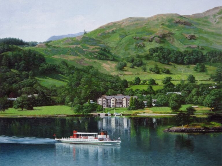 Landscape painting of a lake with a passenger boat, waterside buildings and wooded hills, hand-painted in oil