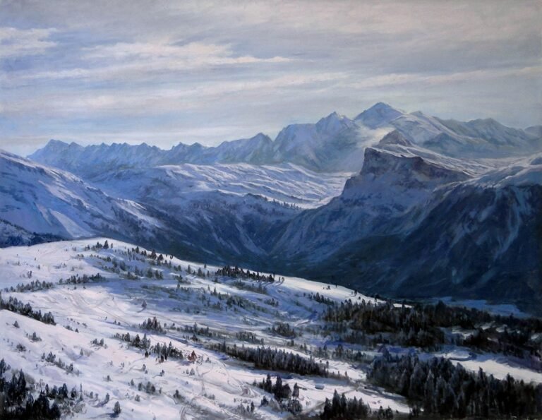Landscape painting of a snow-covered mountain range, hand-painted in oil