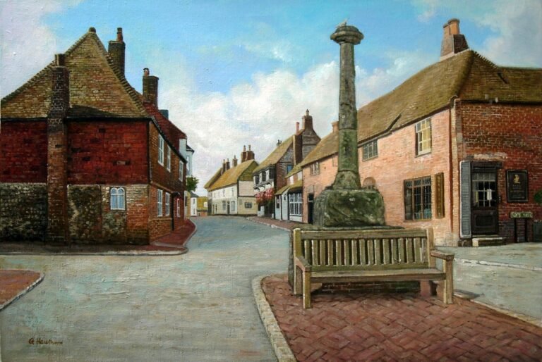Painting of a village street with brick cottages, a stone cross and a bench, hand-painted in oil