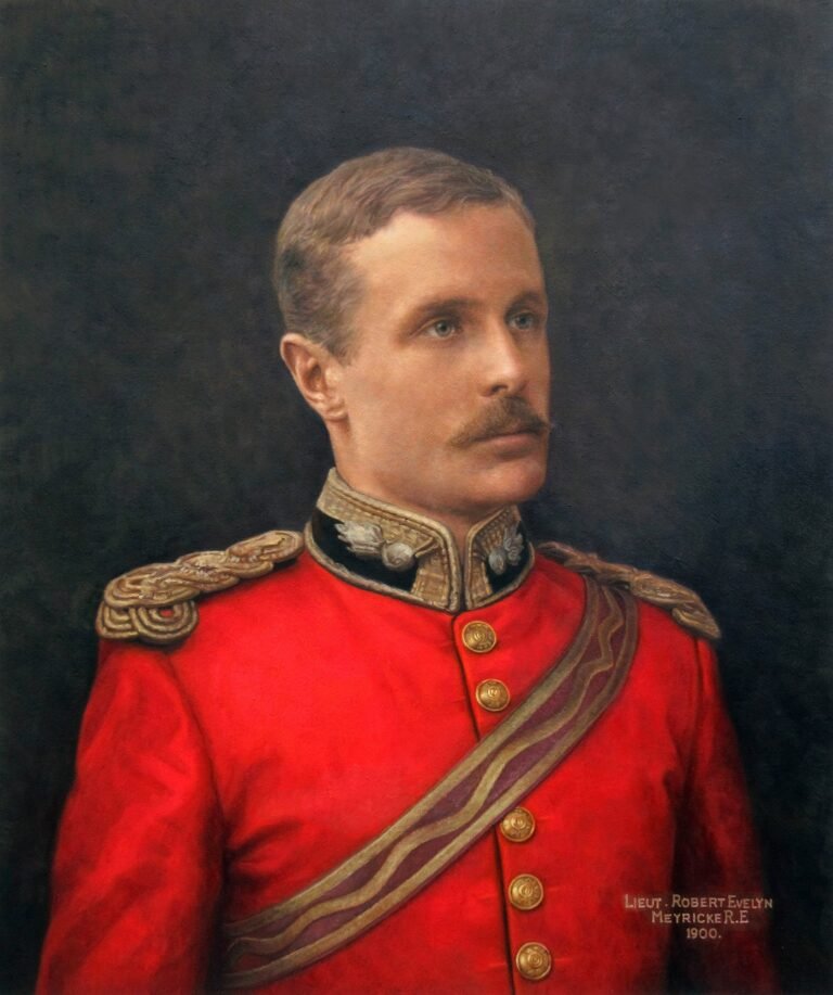 Portrait of a man in a red dress uniform with gold braid and sash, hand-painted in oil from a photograph