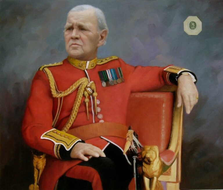 Seated portrait of a man in a red tunic with medals, his arm resting on an ornate chair, hand-painted in oil from a photograph