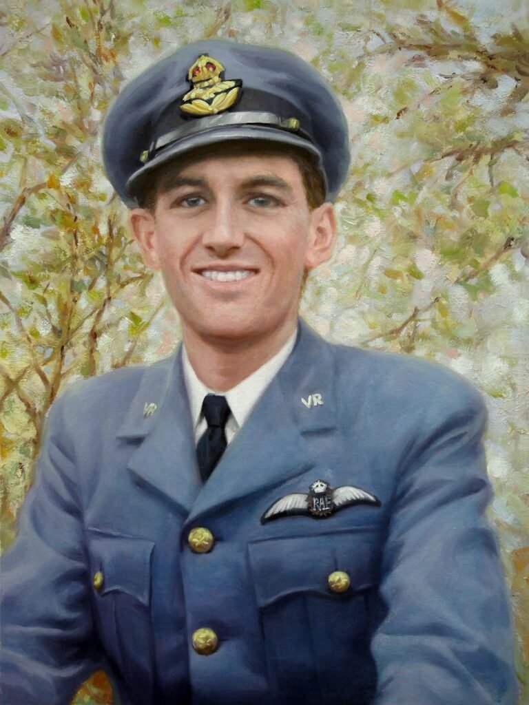 Portrait of a smiling young man in a blue uniform and peaked cap, in an outdoor setting, hand-painted in oil from a photograph